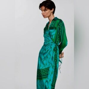 Mango Blue/Green Midi Wrap Dress